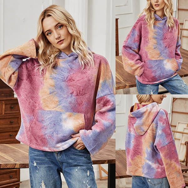 Payız Koreya Dəbli Gənclik Qadın Kapüşonlu Batik Uzunqol Geniş Pullover