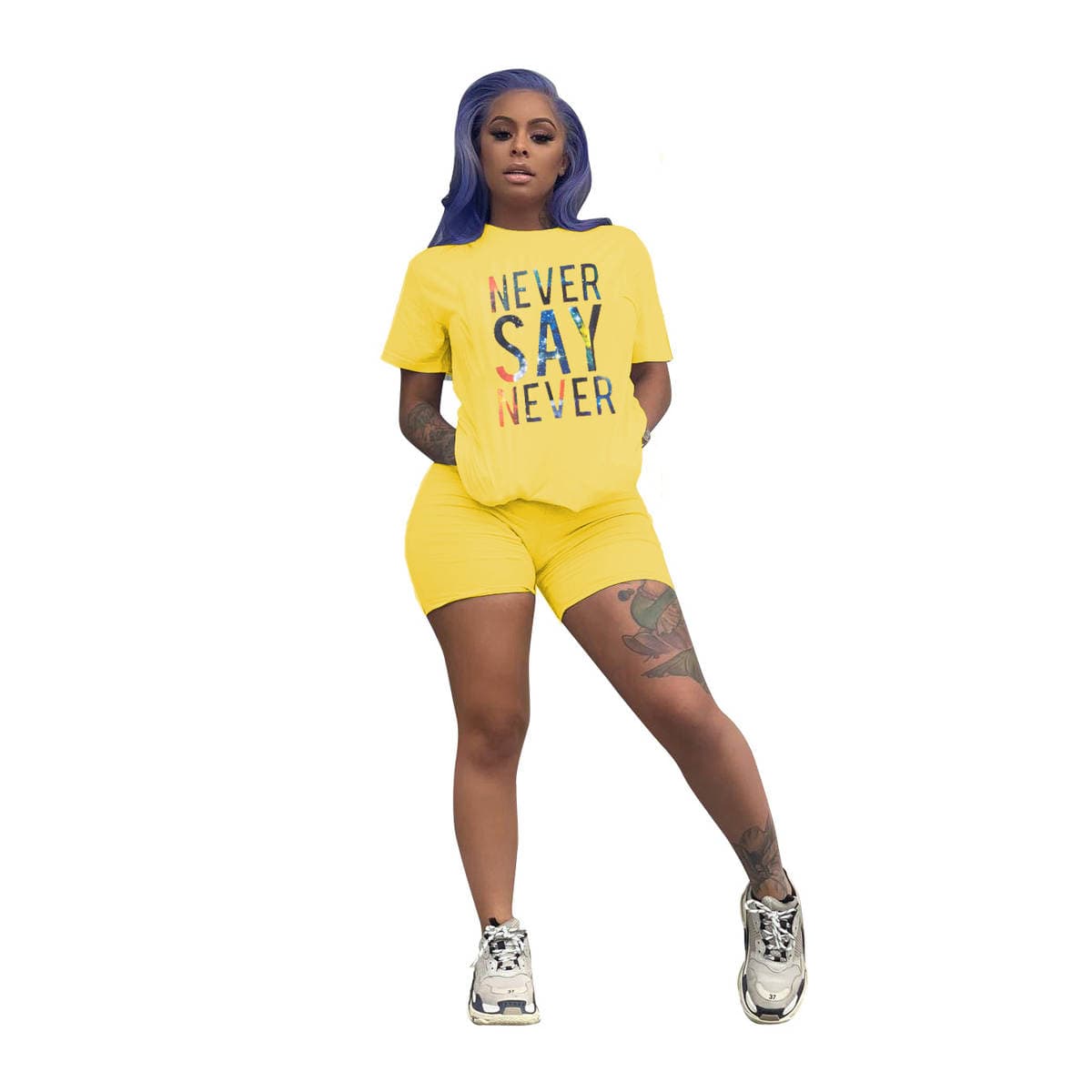 D9240 Amazon Hot Selling European and American Women's Fashion Casual Solid Color Star Letter Printed Short Sleeve Two-Piece Set 4