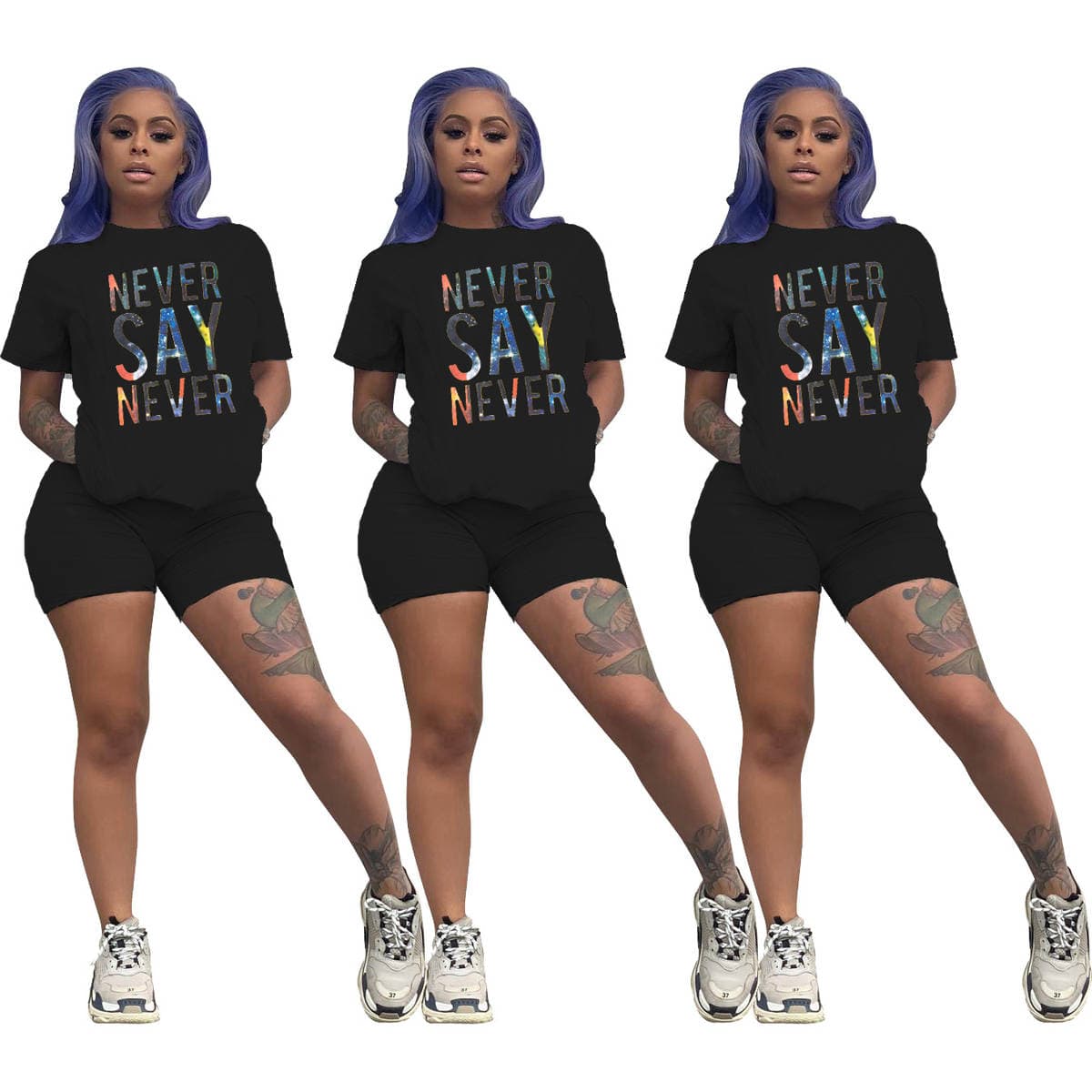 D9240 Amazon Hot Selling European and American Women's Fashion Casual Solid Color Star Letter Printed Short Sleeve Two-Piece Set 3