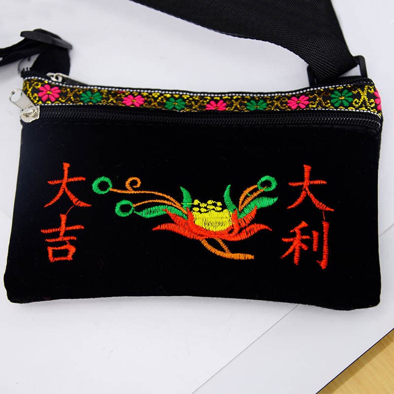 Factory Direct Supply of New Ethnic Style Bags, Gold Velvet Double Zipper Embroider Bags, Retro Waist Bags, Ten Yuan Store Embroidered Bags 3