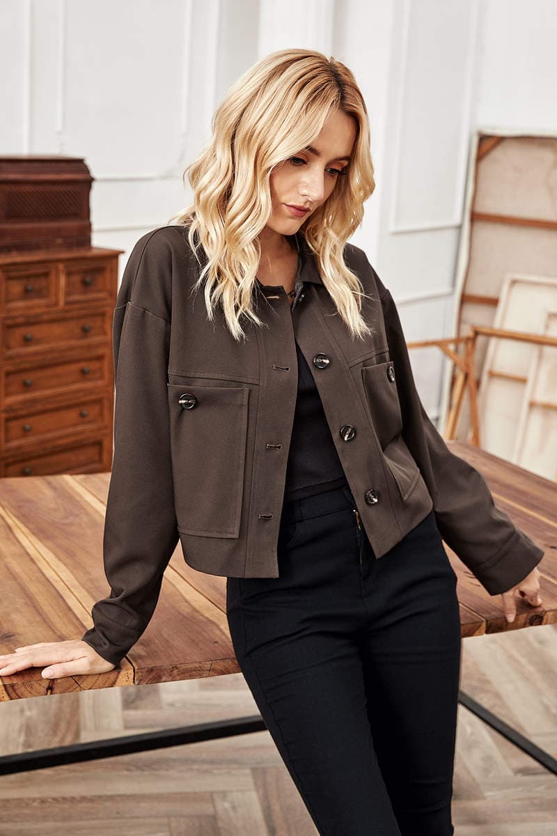 Qadınlar üçün payız/qış mövsümü, sərbəst kəsimli, uzunqol, qısa, yaxalı jaket 2