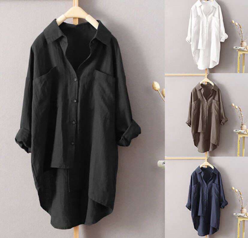 New Women's Casual Style Pure Color Shirt Autum Cotton and Linen Cardigan Double Flap Pocket Pants Long-Sleeved Top 7 Colors 8 Sizes 1