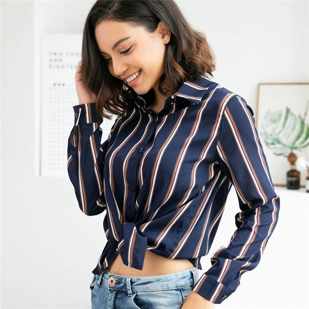 Amazon European and American new women's stitching striped long-sleeved turn Cardigan single-breasted Shirt casual top 3