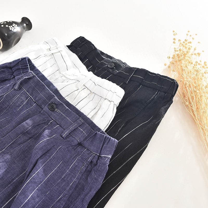 1610 summer striped linen casual pants loose men's elastic waist breathable five beach pants a generation of hair 2