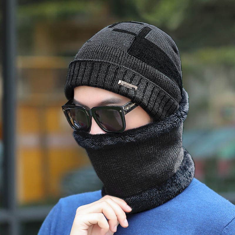 New hat scarf two-piece men's outdoor riding windproof cold-proof warm plus velvet ear protection knitted pullover cap 1