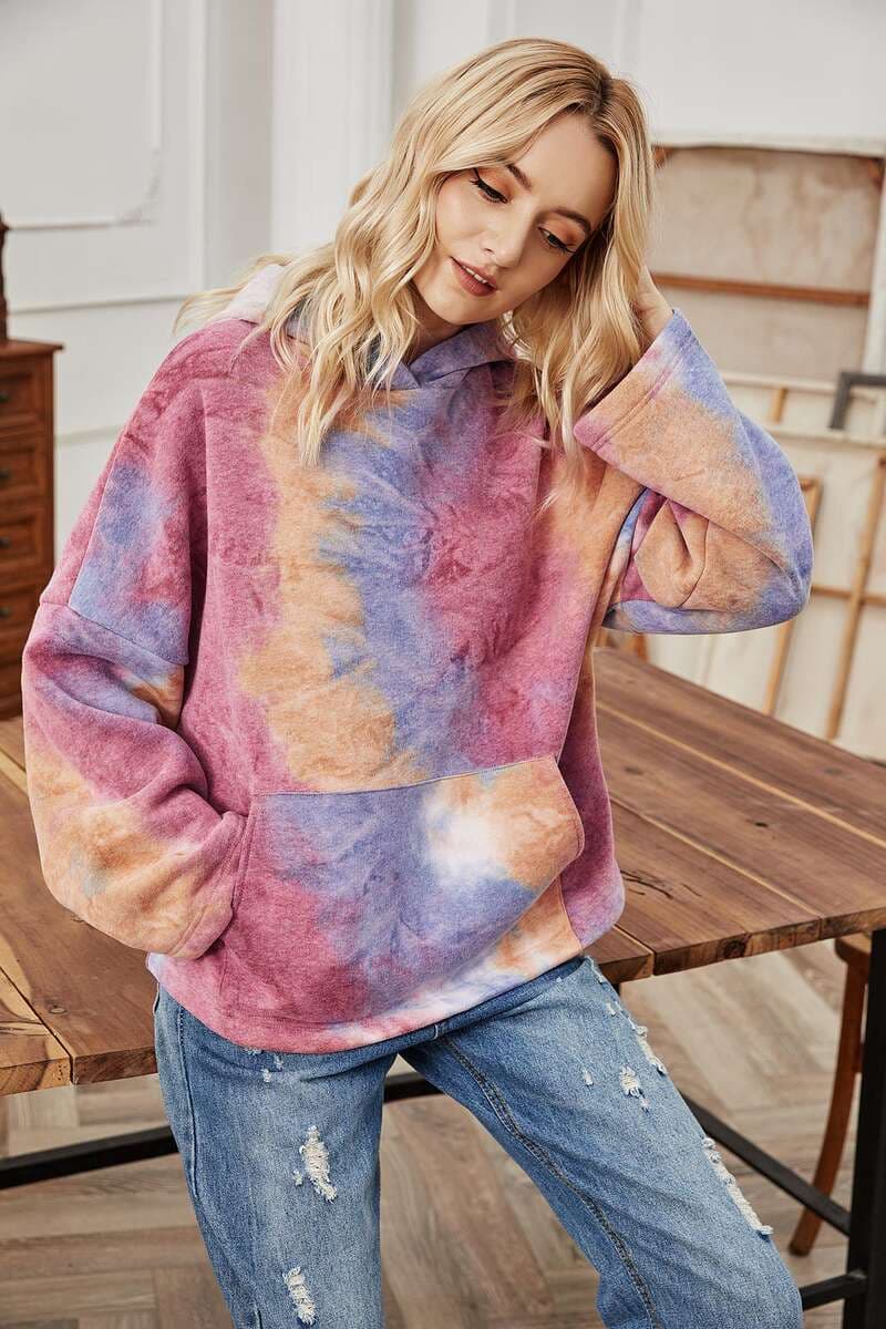Payız Koreya Dəbli Gənclik Qadın Kapüşonlu Batik Uzunqol Geniş Pullover 4