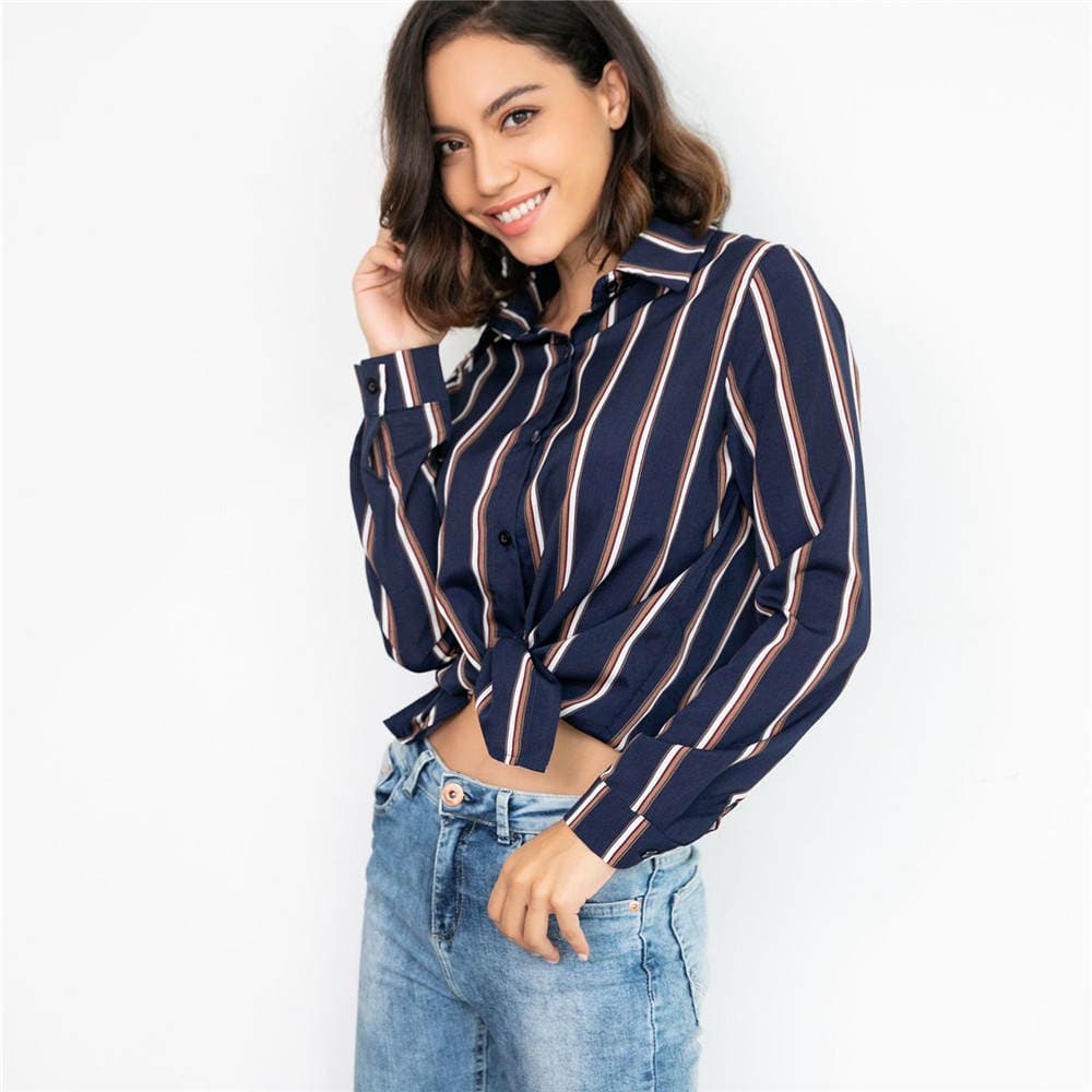 Amazon European and American new women's stitching striped long-sleeved turn Cardigan single-breasted Shirt casual top 2