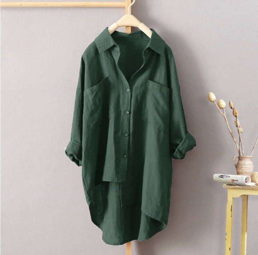 New Women's Casual Style Pure Color Shirt Autum Cotton and Linen Cardigan Double Flap Pocket Pants Long-Sleeved Top 7 Colors 8 Sizes 2