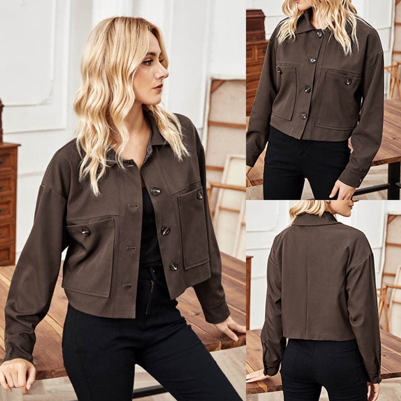 Qadınlar üçün payız/qış mövsümü, sərbəst kəsimli, uzunqol, qısa, yaxalı jaket 1