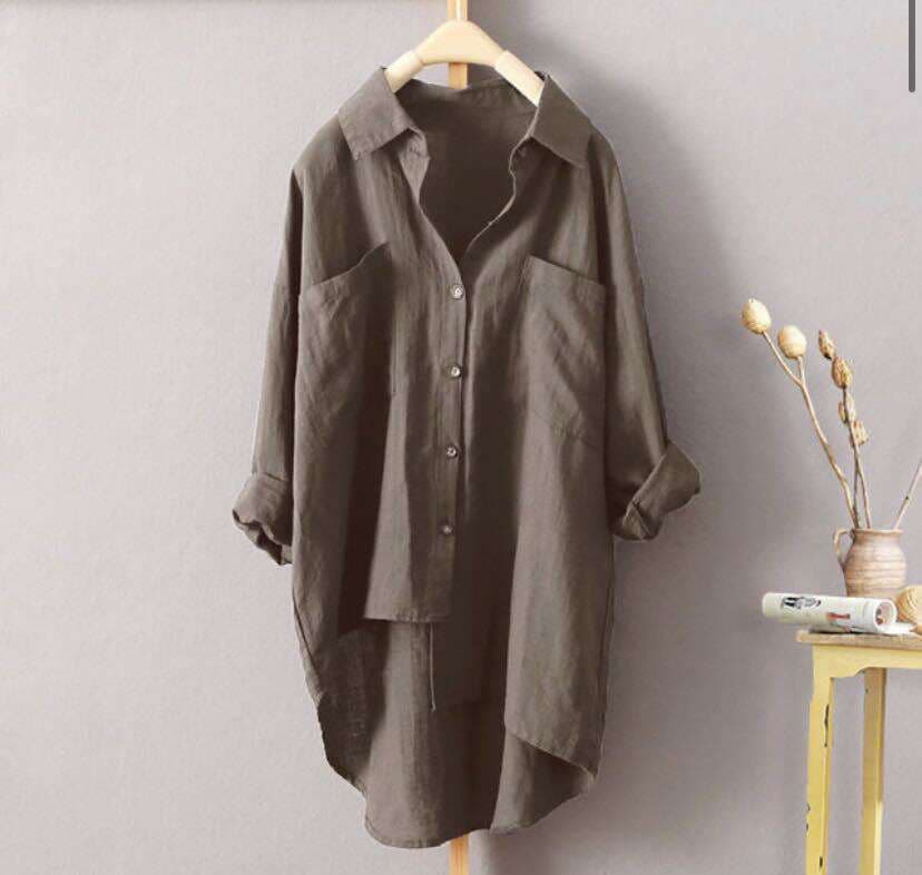 New Women's Casual Style Pure Color Shirt Autum Cotton and Linen Cardigan Double Flap Pocket Pants Long-Sleeved Top 7 Colors 8 Sizes 4