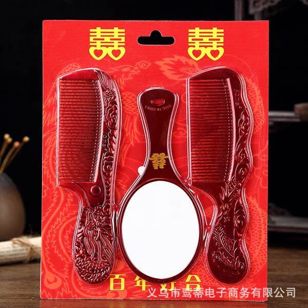 Wedding supplies comb mirror suit red heart-shaped wooden comb plastic pair comb female dowry dowry couple pair comb