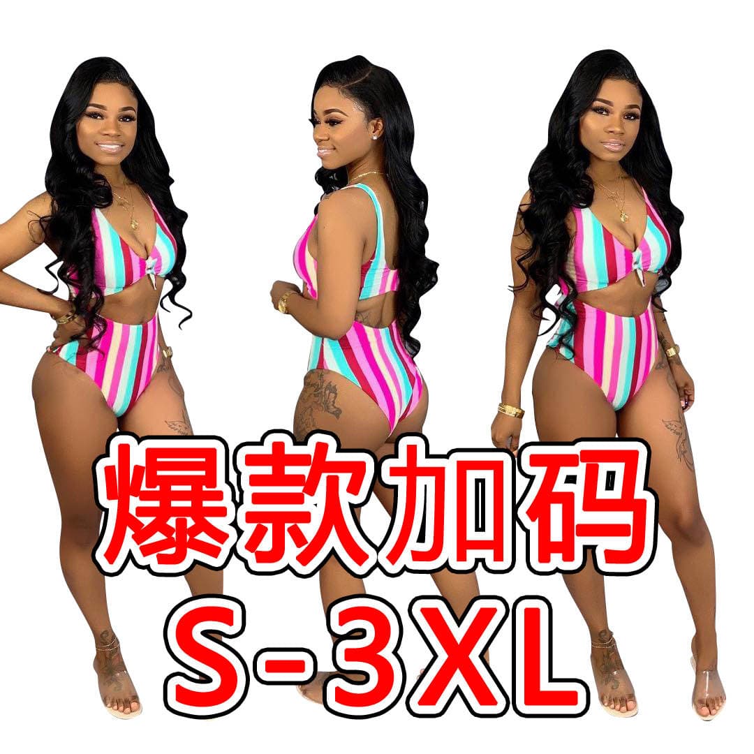 D9093 Cross-border Women's Clothing Amazon Hot Selling European and American Women's Sexy Color Stripe Printed Two-piece Swimwear 1