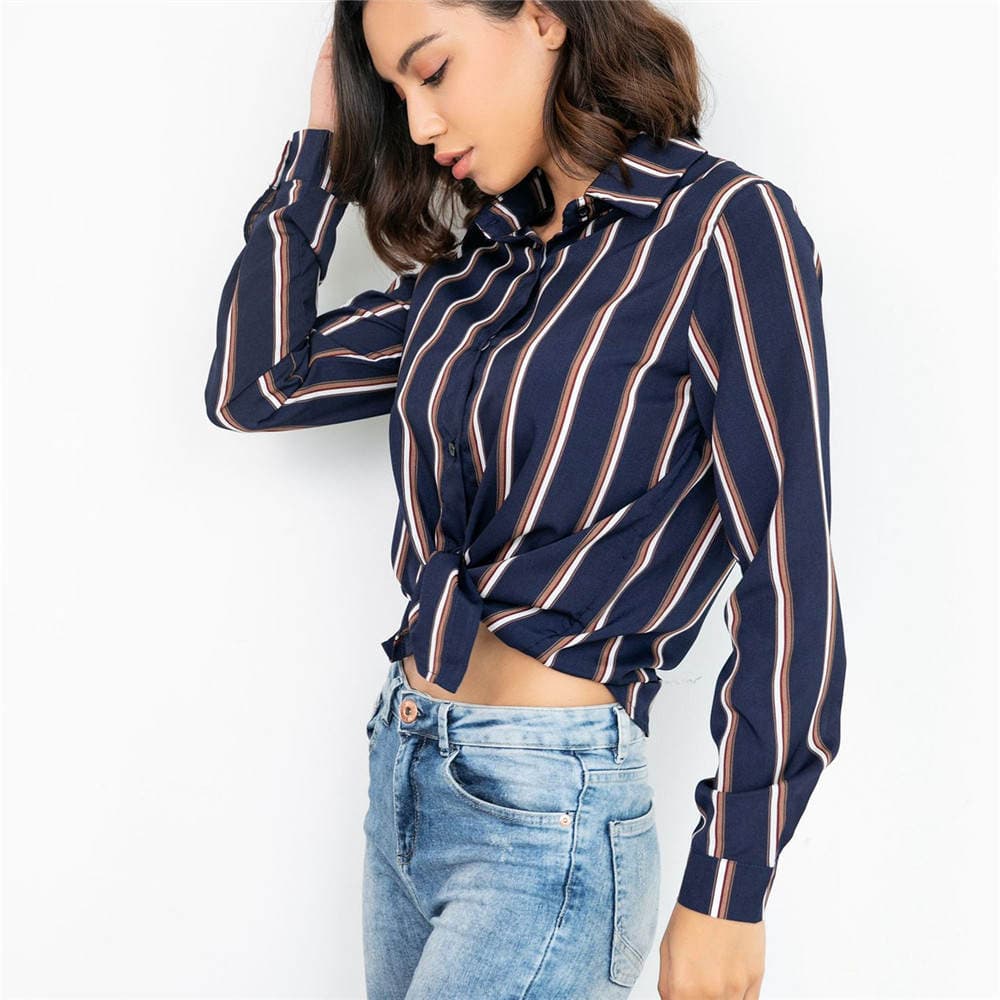Amazon European and American new women's stitching striped long-sleeved turn Cardigan single-breasted Shirt casual top 4