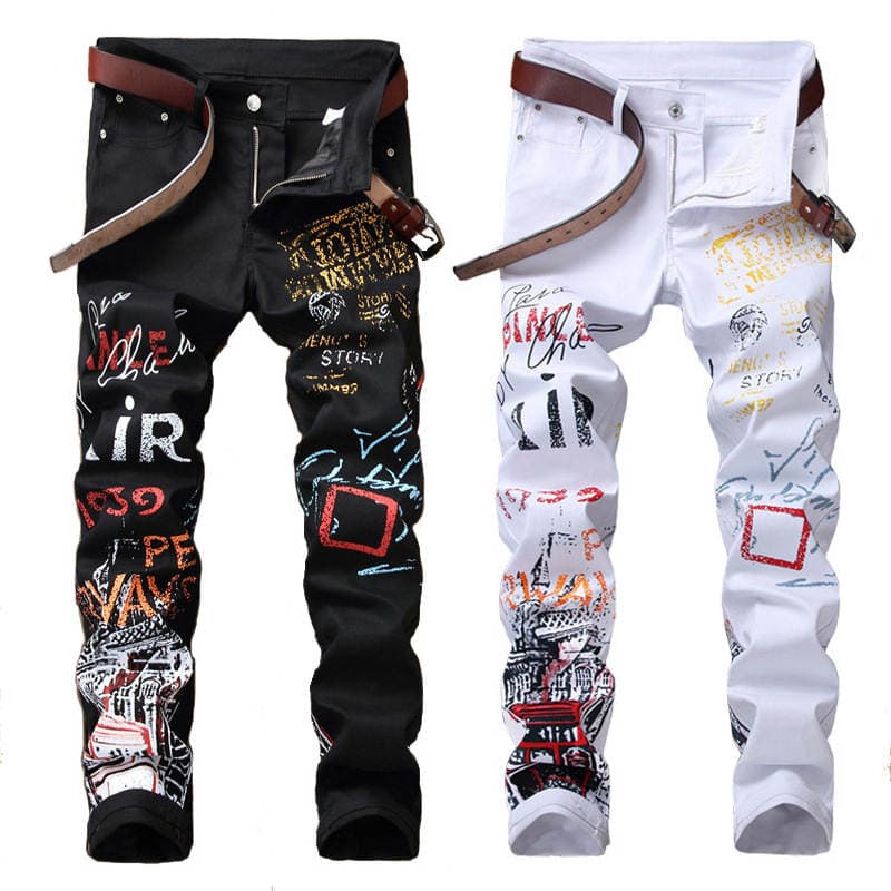 Cross-border European and American jeans men's foreign trade stretch casual pants printed straight pants street fashion a batch of 5601 1