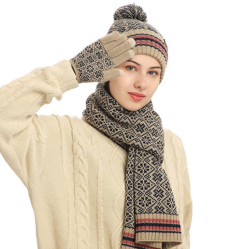 Cross-Border New Foreign Trade Winter Warm Suit Acrylic Knitted Wool Hat Scarf Gloves Three-Piece Set 3