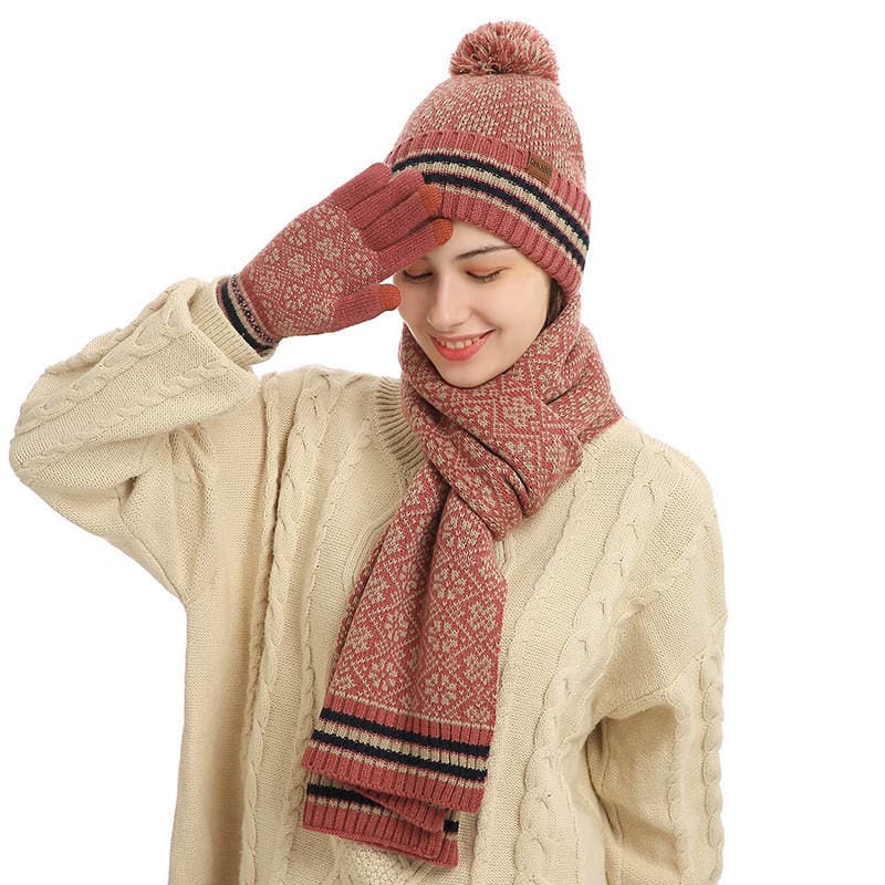 Cross-Border New Foreign Trade Winter Warm Suit Acrylic Knitted Wool Hat Scarf Gloves Three-Piece Set 2