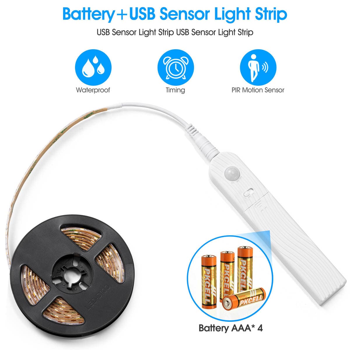 LED 2835 suya davamlı zolaq, USB ilə doldurulan batareya qutusu və hərəkət sensoru ilə 1