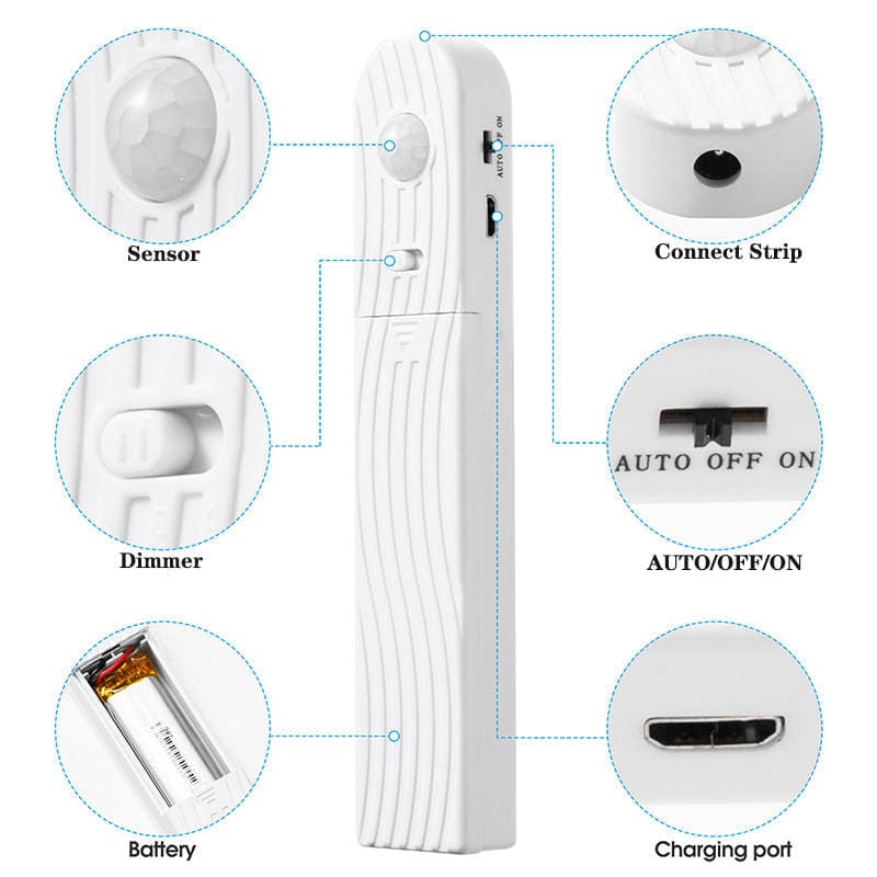 LED 2835 suya davamlı zolaq, USB ilə doldurulan batareya qutusu və hərəkət sensoru ilə 4