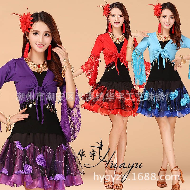 Huayu Dance New Square Dance Set Latin Dance New Shawl Flower Dress Three-piece Set Female Adult 2