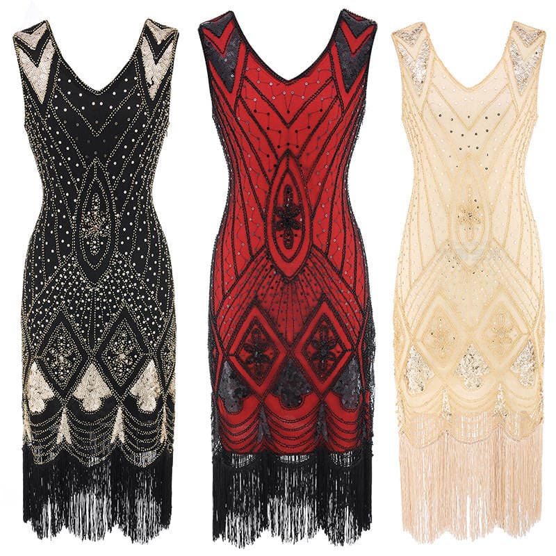 1920s Vintage Sequin Dress Tassel Front and Back Deep V-Neck Dress Fashion Beaded Banquet Evening Dress Explosions 1