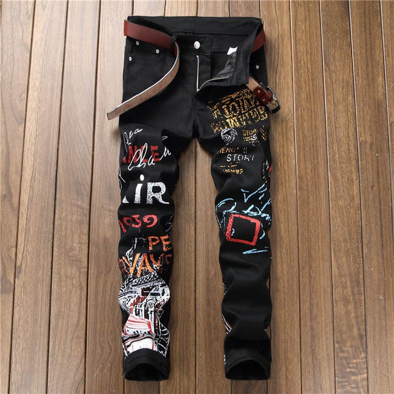 Cross-border European and American jeans men's foreign trade stretch casual pants printed straight pants street fashion a batch of 5601 2