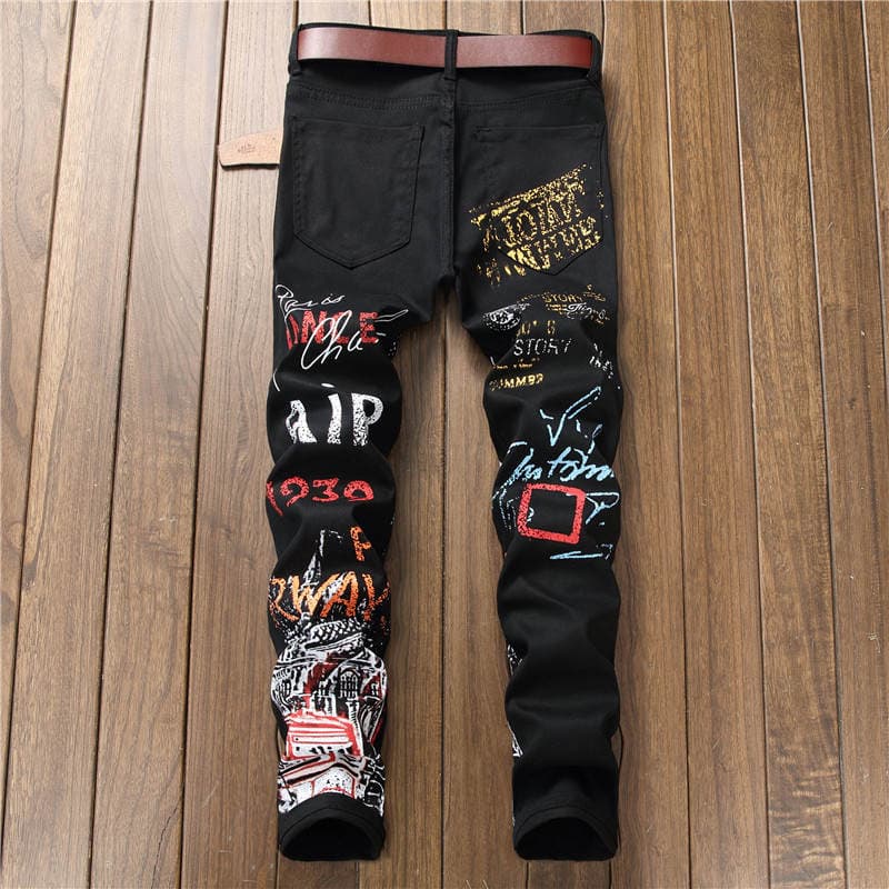 Cross-border European and American jeans men's foreign trade stretch casual pants printed straight pants street fashion a batch of 5601 4