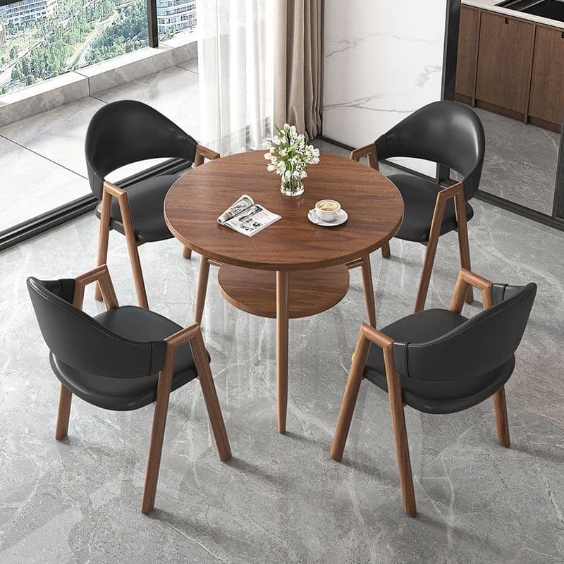 Round table + 4 dark gray leather chairs - walnut legs