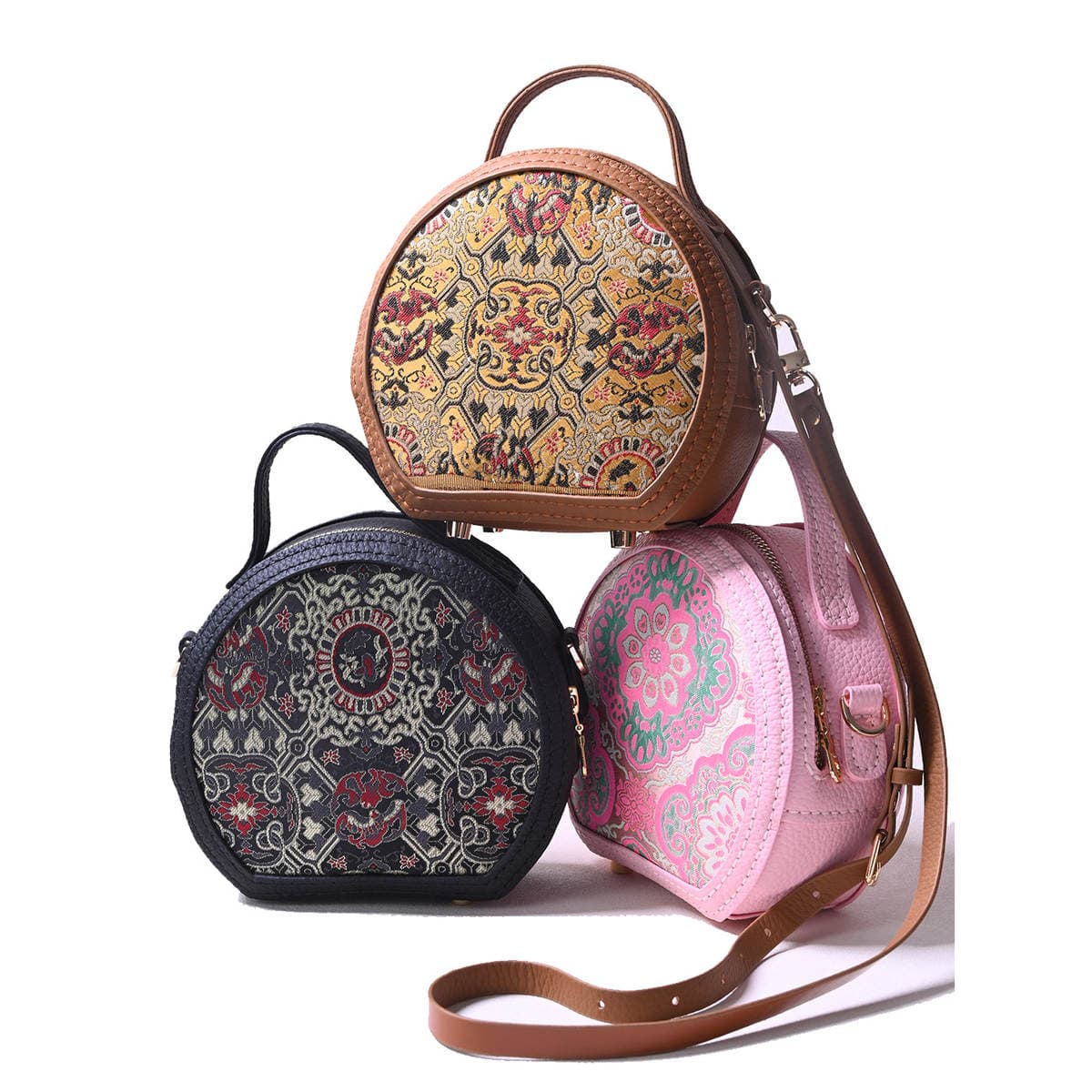 Çin üslubunda Song Brocade dəyirmi çanta üçün DIY material dəsti, həqiqi dəri və naxışlı, çarpaz/çiyin asma 5