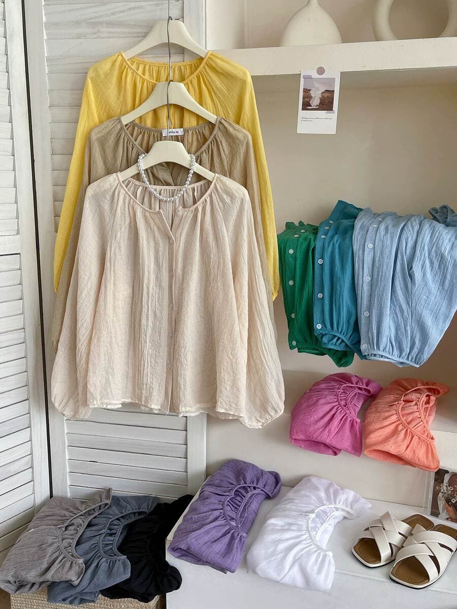 Summer Balloon Sleeves Vintage Vacation Style Cotton Linen Sunscreen Shirt Women's Clothing 2