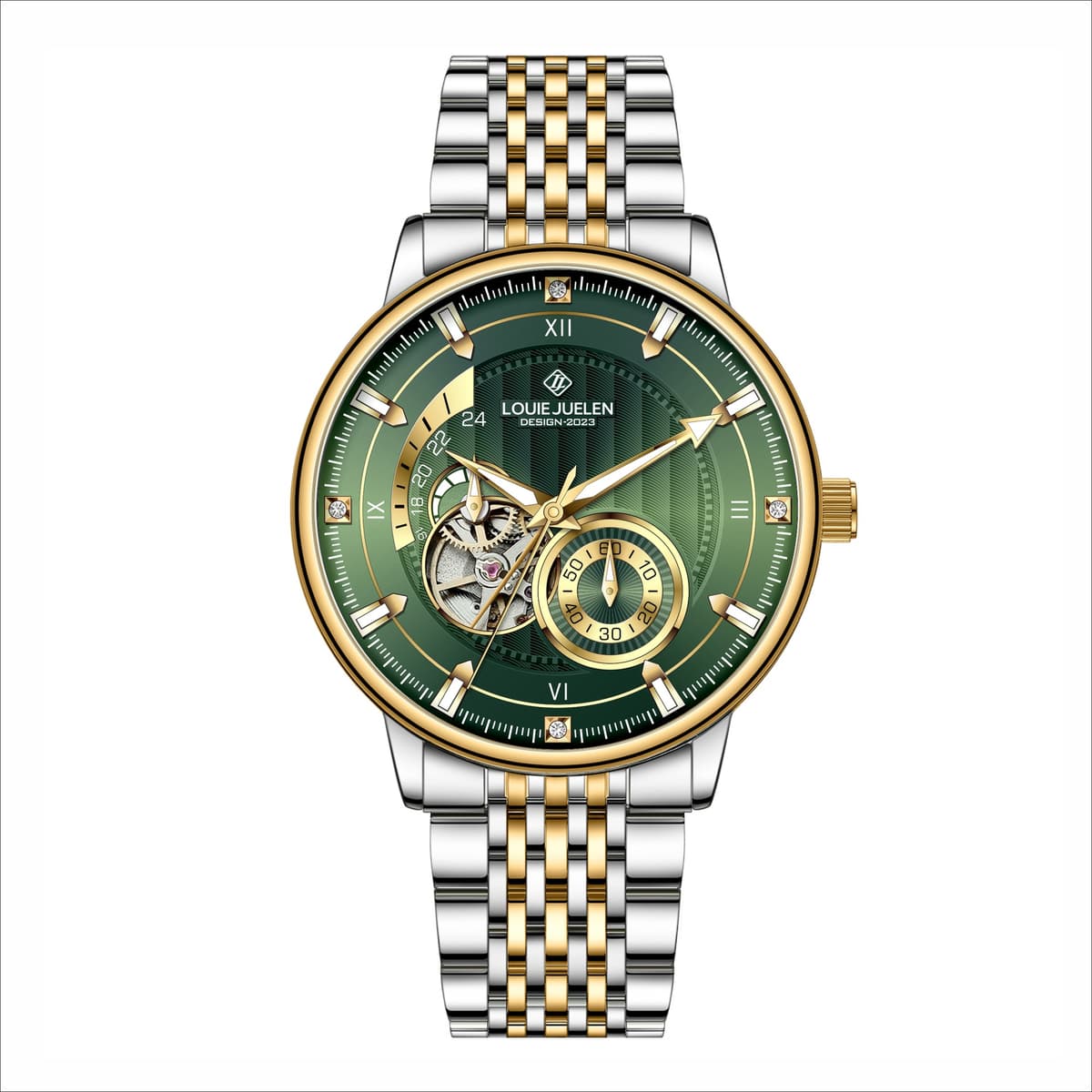L-9168 aviator series two-tone case green dial gold stud steel bracelet