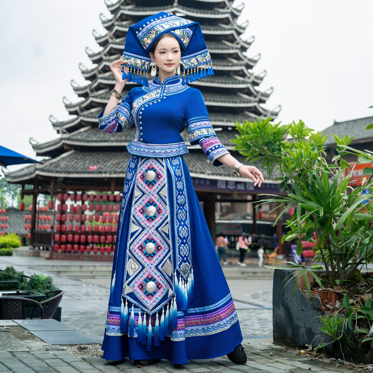 Lw women's square-neck blue outfit set + fan-shaped headpiece
