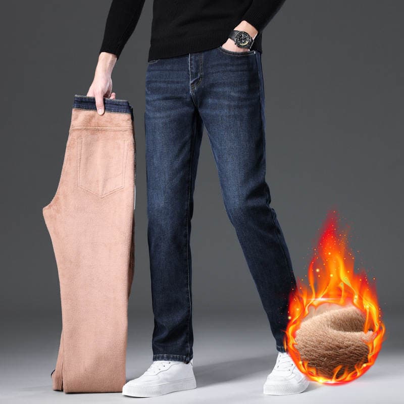 fleece-lined Thickened Jeans Men's Elastic Straight 2024 Winter New Casual Warm Pants Washed Wear-resistant 2