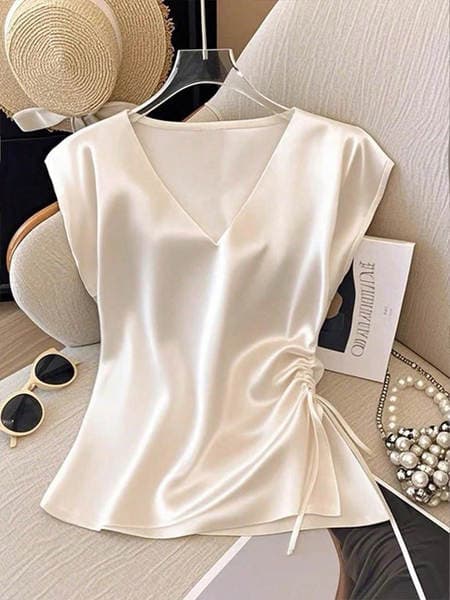 In-Stock Solid Color Satin Short-Sleeve T-Shirt Women's Shirt 2026 Summer Thin Stylish V-Neck Blouse Slim Fit Top