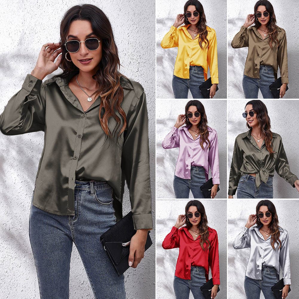 Popular Real Shot Satin Shirt Women's Satin Imitation Silk Long-Sleeved Shirt New European and American Export Cross-Border Women's Clothing 3