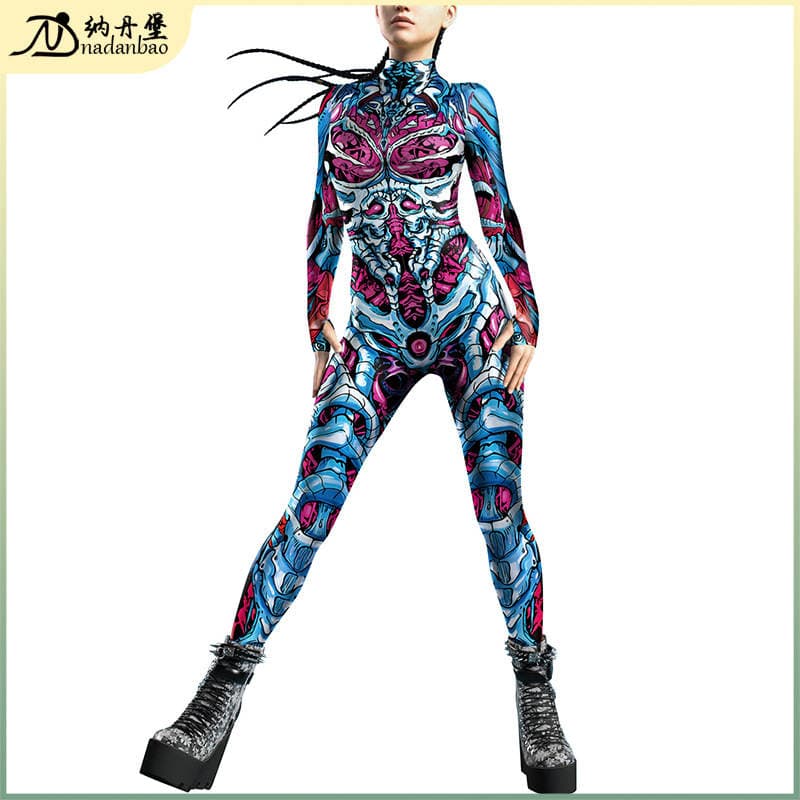 2024 New Cross-Border European and American Clothing Dark Skull 3D Digital Printing Buckle Tight Elastic Women's Jumpsuit 1