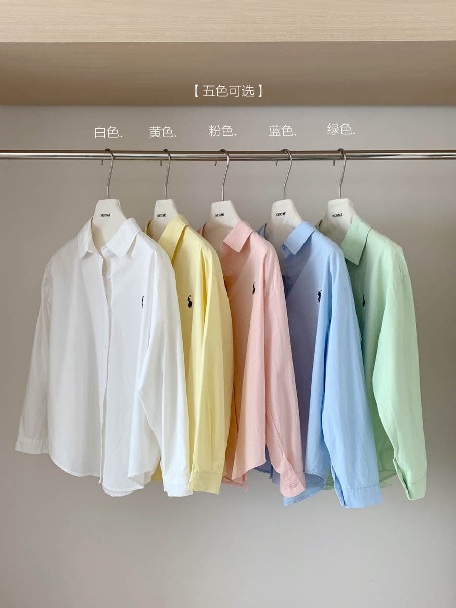 French Style Pony Embroidered Blue Shirt Women's Long Sleeve Korean Style Loose Niche Design Shirt 2