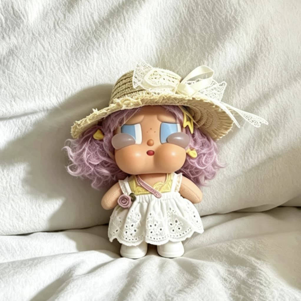 Raw edge bow straw hat + white rose skirt + white shoes