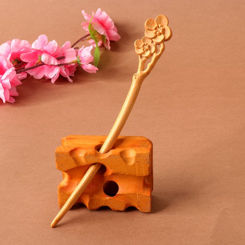 Double-sided carved peach wood hairpin-double plum blossom