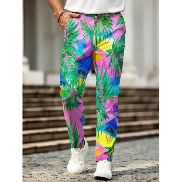 2026 Cross-border European and American Men's Tropical Palm Print Trousers, Stretchy, Lightweight, Straight-Leg, Vacation Casual Pants