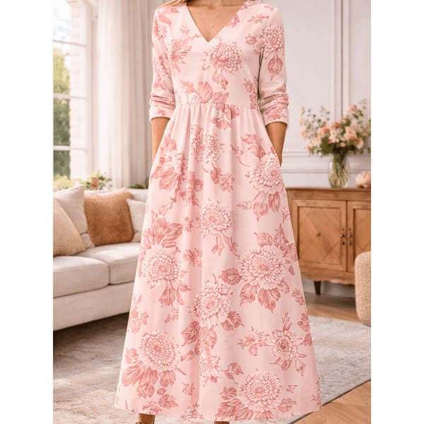 Cross-border temu Amazon Y2 Spring/Summer New Dress V-neck Fashionable High-end Long Sleeve Printed-3 Vacation Dress