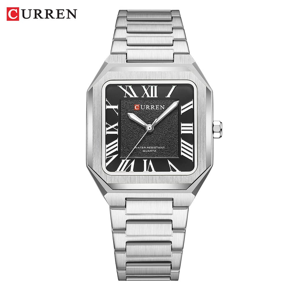Silver band, silver case, black dial