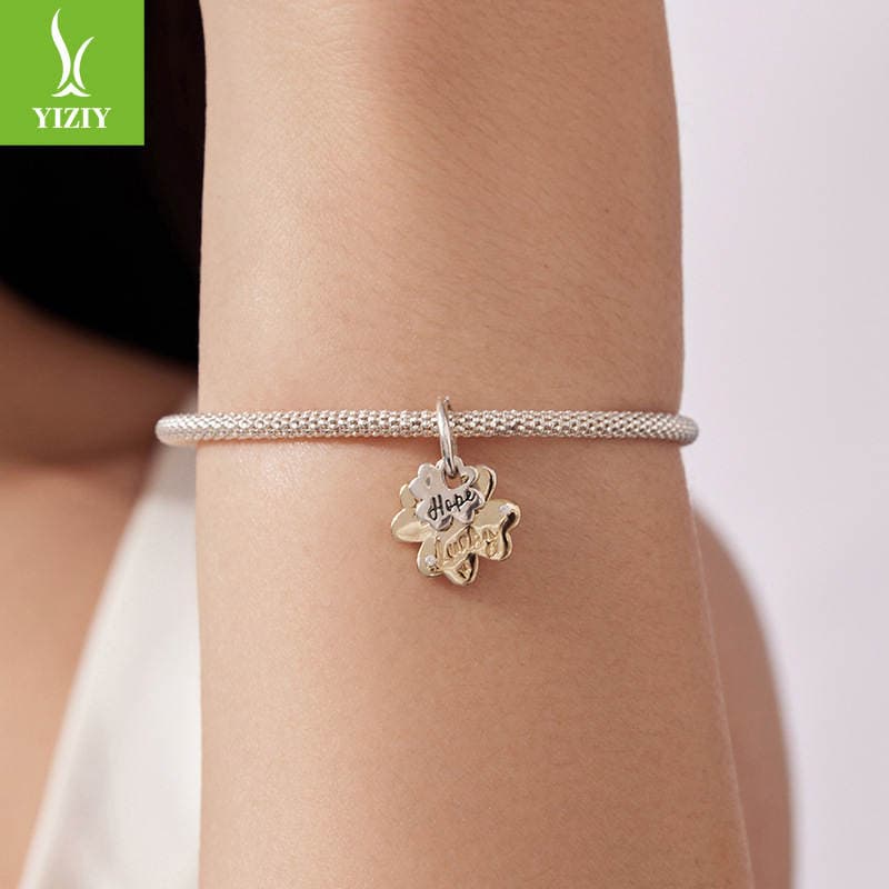 Yinziyun Original S925 Sterling Silver Lucky Four-Leaf Clover Pendant Jewelry Accessories Exquisite Engraving DIY Bracelet Beads 3