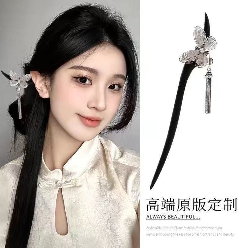 24#Silver butterfly tassel hairpin