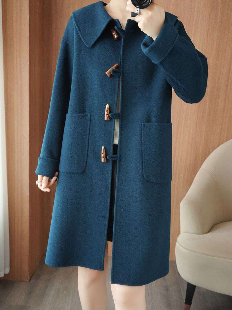 2023 autumn and winter new double-sided cashmere coat Women's Mid-length loose thickened horn buckle women's woolen coat 2