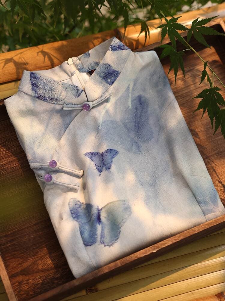 Beizhi Rhyme Retro Republic of China Style Blue Short-sleeved Cheongsam Improved New Chinese Style 2024 Summer New Daily Wear 1