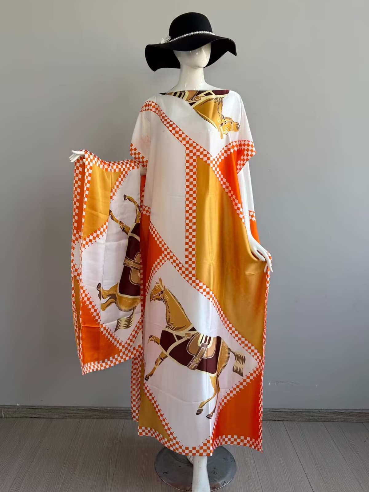 619 - diagonal checkered double horse - orange & white