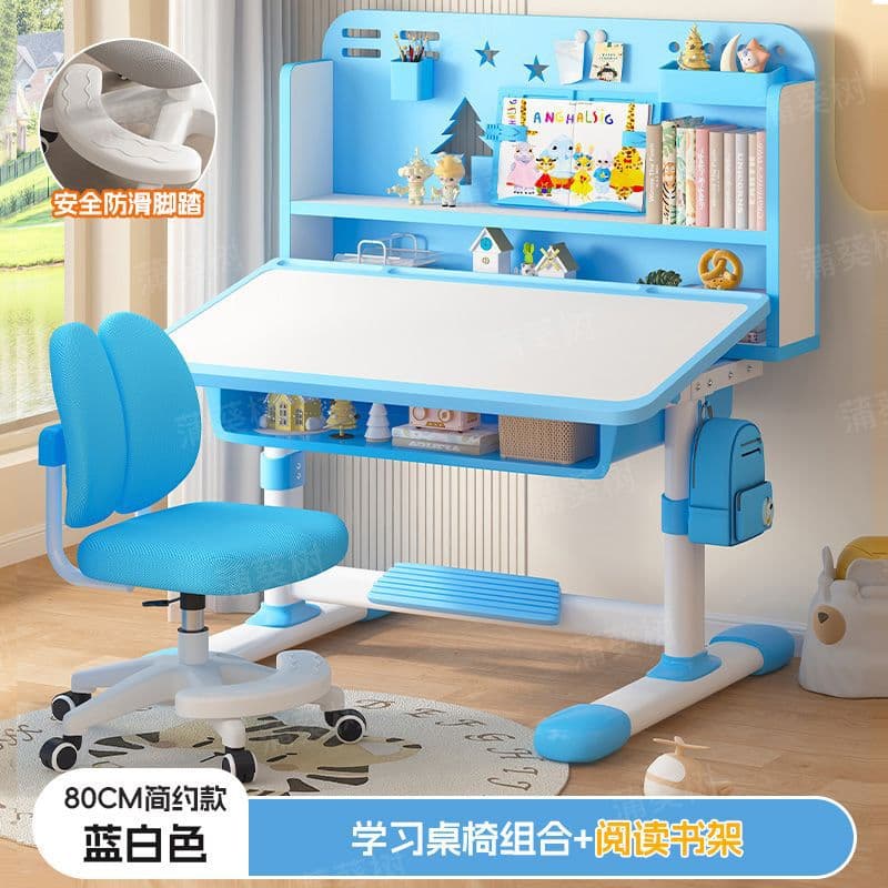 Blue and white desk [tilting desktop + dual back gliding chair + reading stand] with two-zone bookshelf