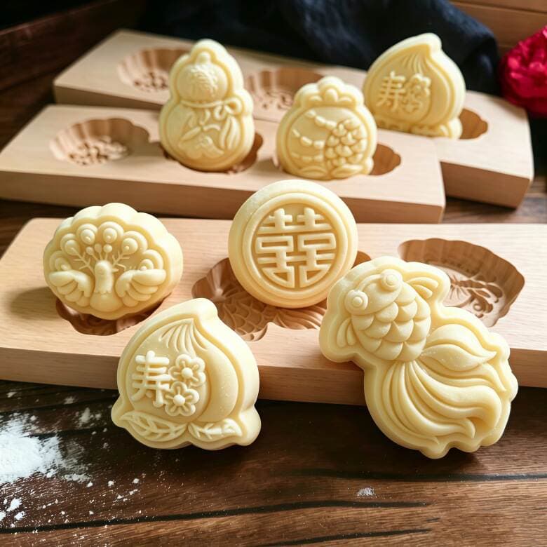 Original Wooden 3D Qixi Festival Pastry Mold, Chinese-Style Handmade Mung Bean Cake Mold 3