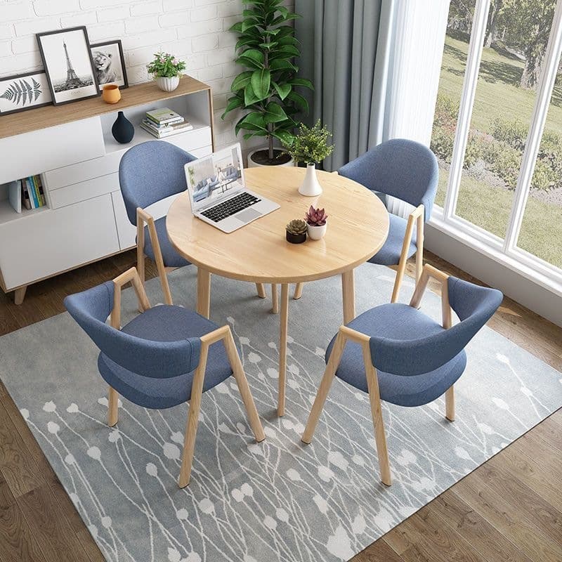 Light wood grain single table + blue cloth chair