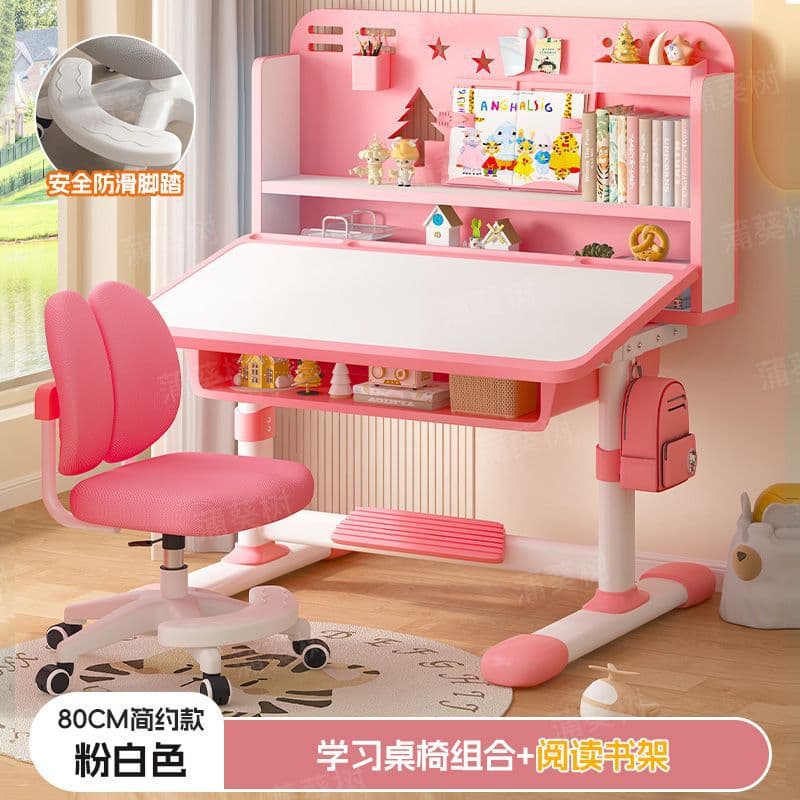 Pink and white desk [tilting desktop + dual back gliding chair + reading stand] with two-zone bookshelf